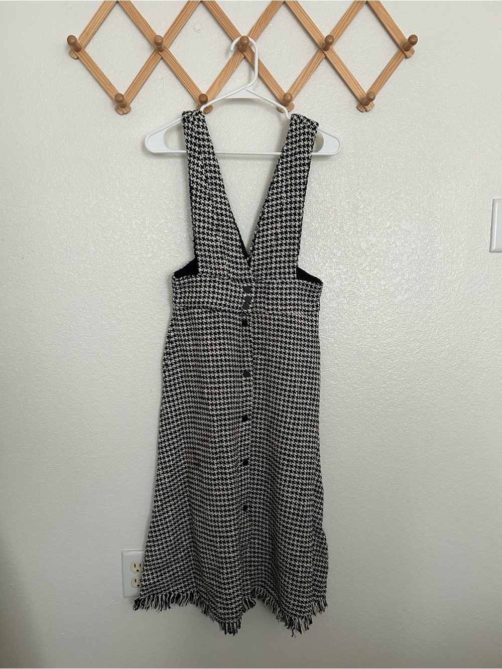 Zara Black & White Houndstooth Button-Front Pinafore Midi Dress